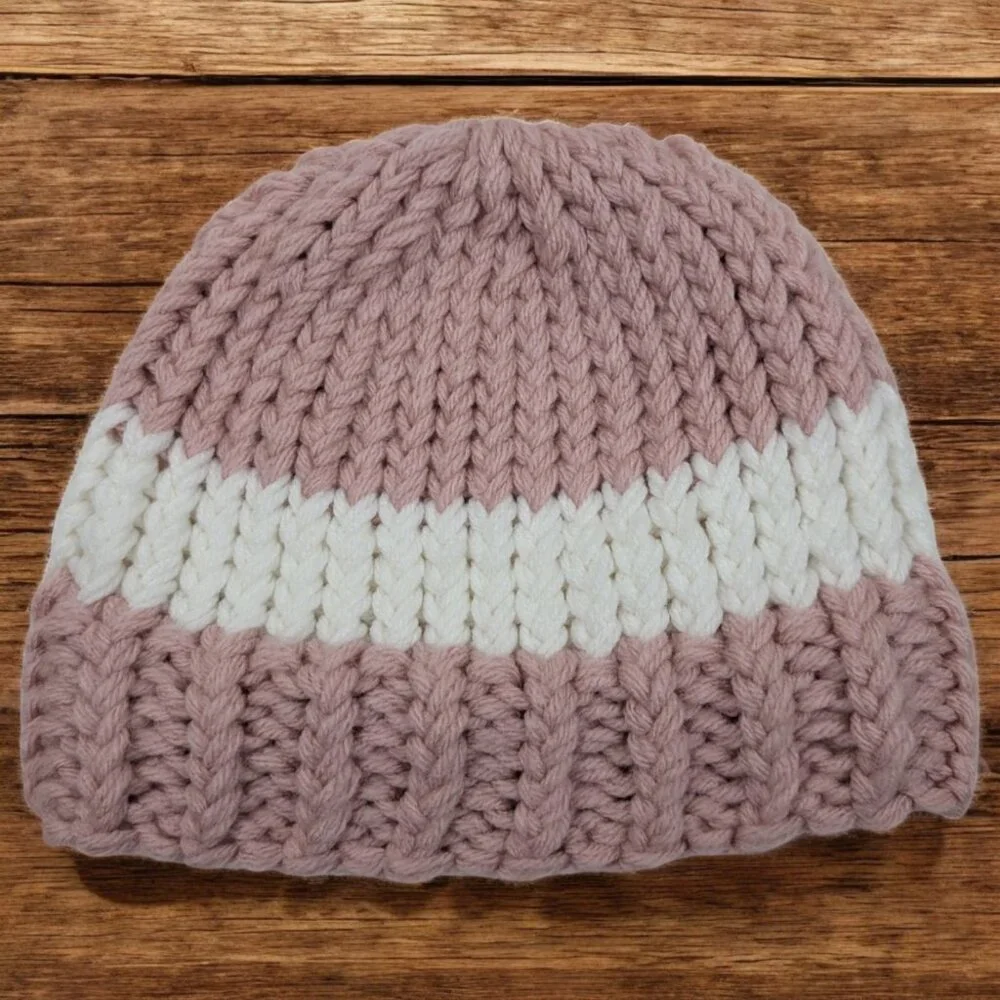 Hand‎ Knit Hat Beanie Pink White kids Girls Youth Child
